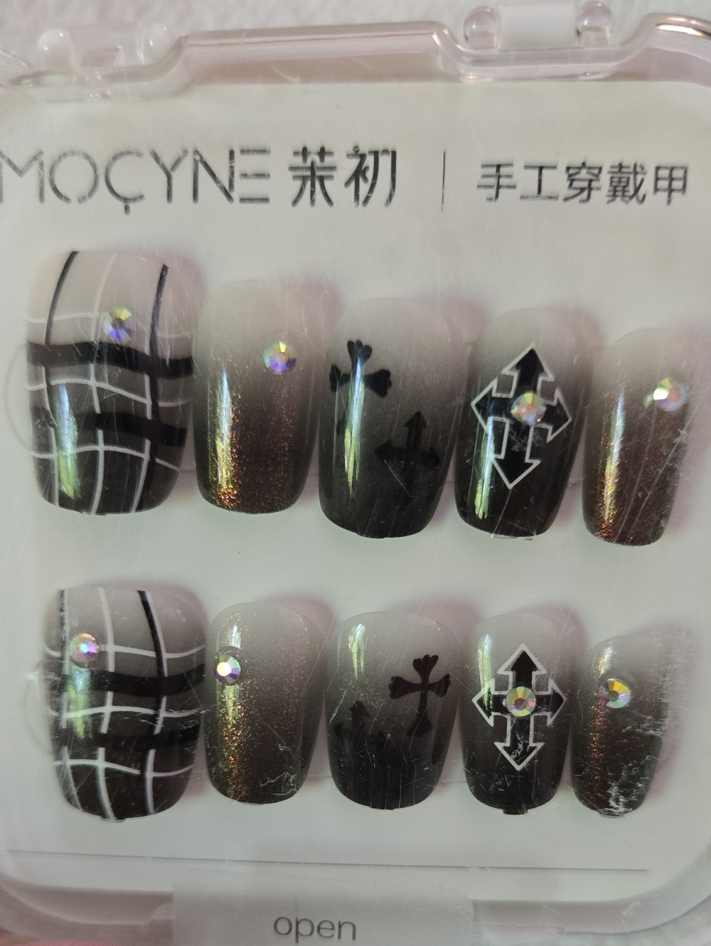 Goth Black Ombre & White Graphic Press-On Nails with Rhinestones